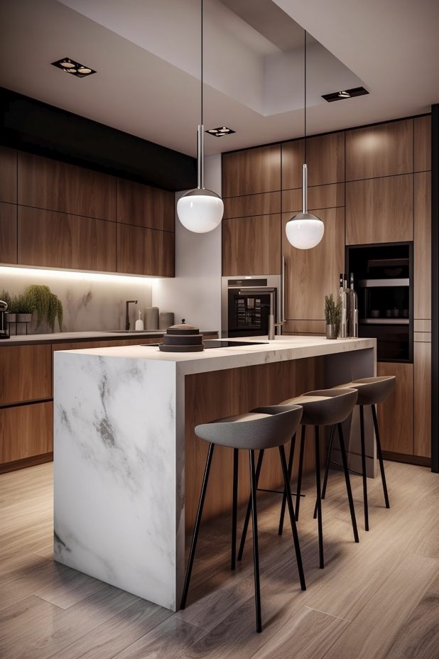 kitchen-with-wooden-cabinet-white-countertop-with-black-white-lamp-hanging-from-ceiling